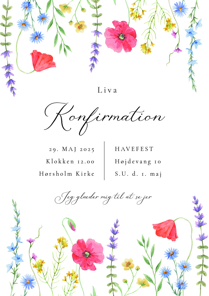 
                Denne konfirmationsinvitation er perfekt til din sommerfest. Brug bagsiden af invitationen til flere praktiske oplysninger eller et program over din konfirmationsdag. Til designet kommer også matchende elementer i form af velkomstskilt, salmehæfte, bordoversigt, menukort, bordkort, drinkskort, takkekort mm. således du kan skabe en rød tråd for dagen.                